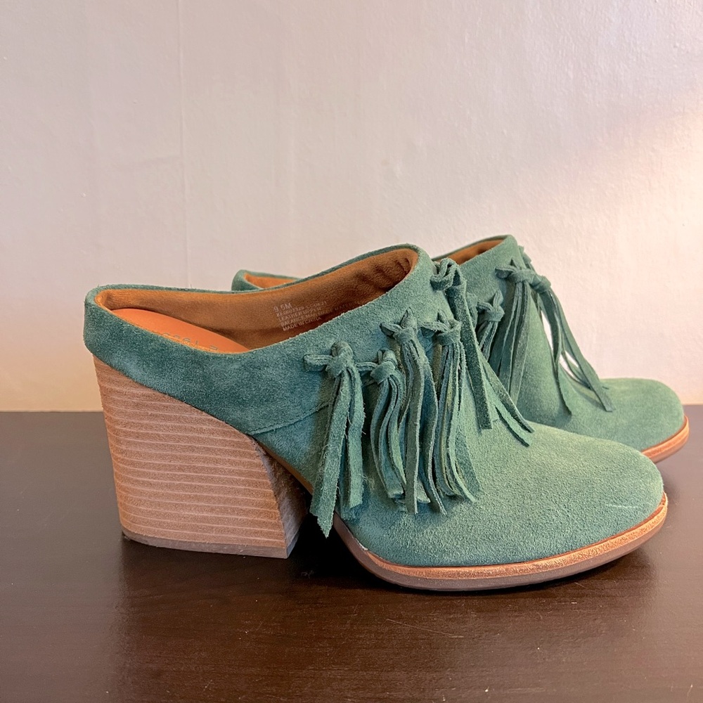 Kork-Ease Charley Green Suede Mules with Tassels - Picture 3 of 8